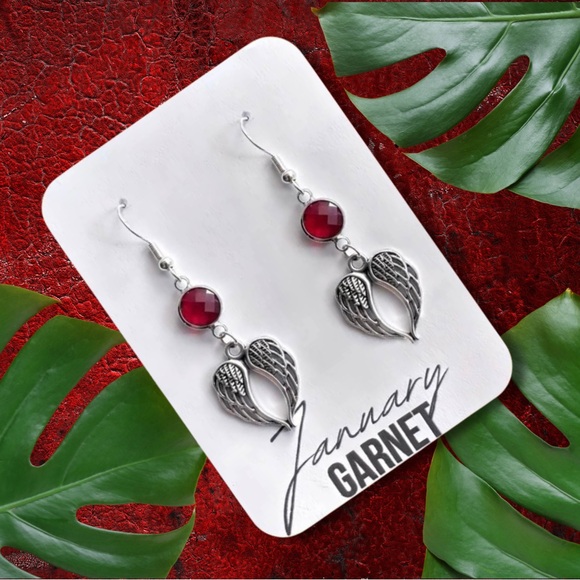 New Silver-Tone Wings & Imitation Garnet (January Birthstone) Earrings (Ver 4) - Picture 5 of 8